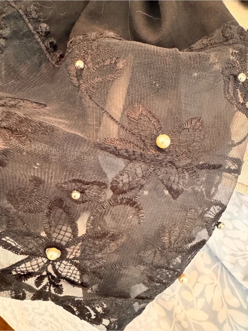 Black Lace Pearl Accent Scarf - Women Accessories